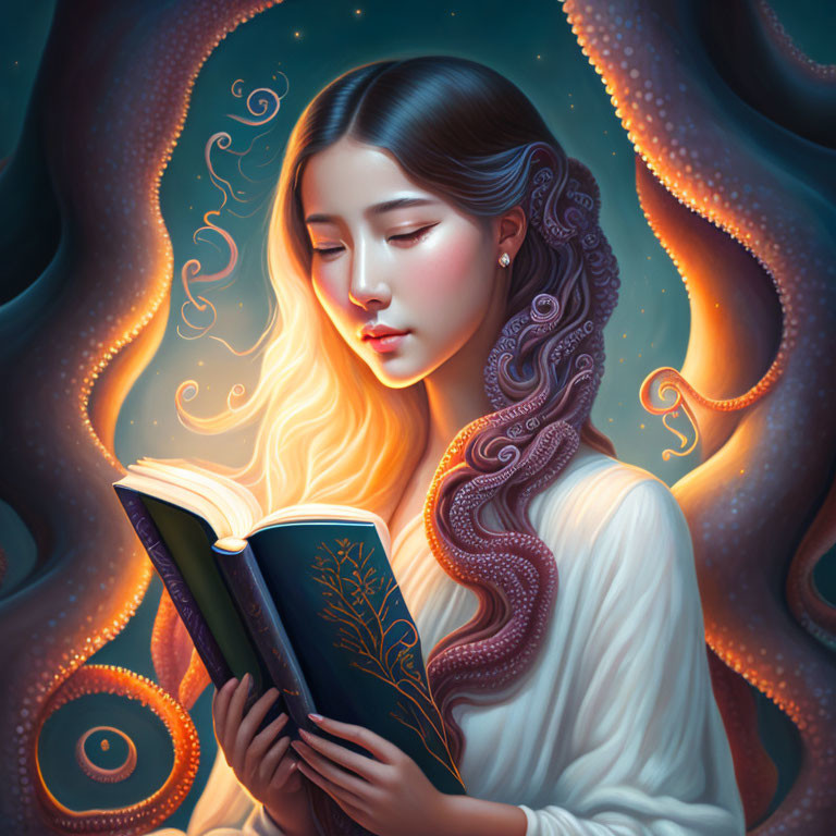 Long-haired woman reading book surrounded by luminous tentacles and glowing patterns