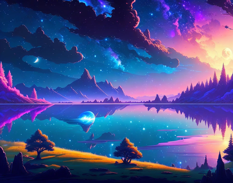 Serene landscape with reflective lake, purple skies, mountain, and lush trees