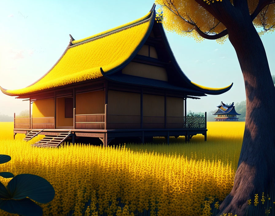 Asian-style Building with Sweeping Roof in Yellow Flower Field