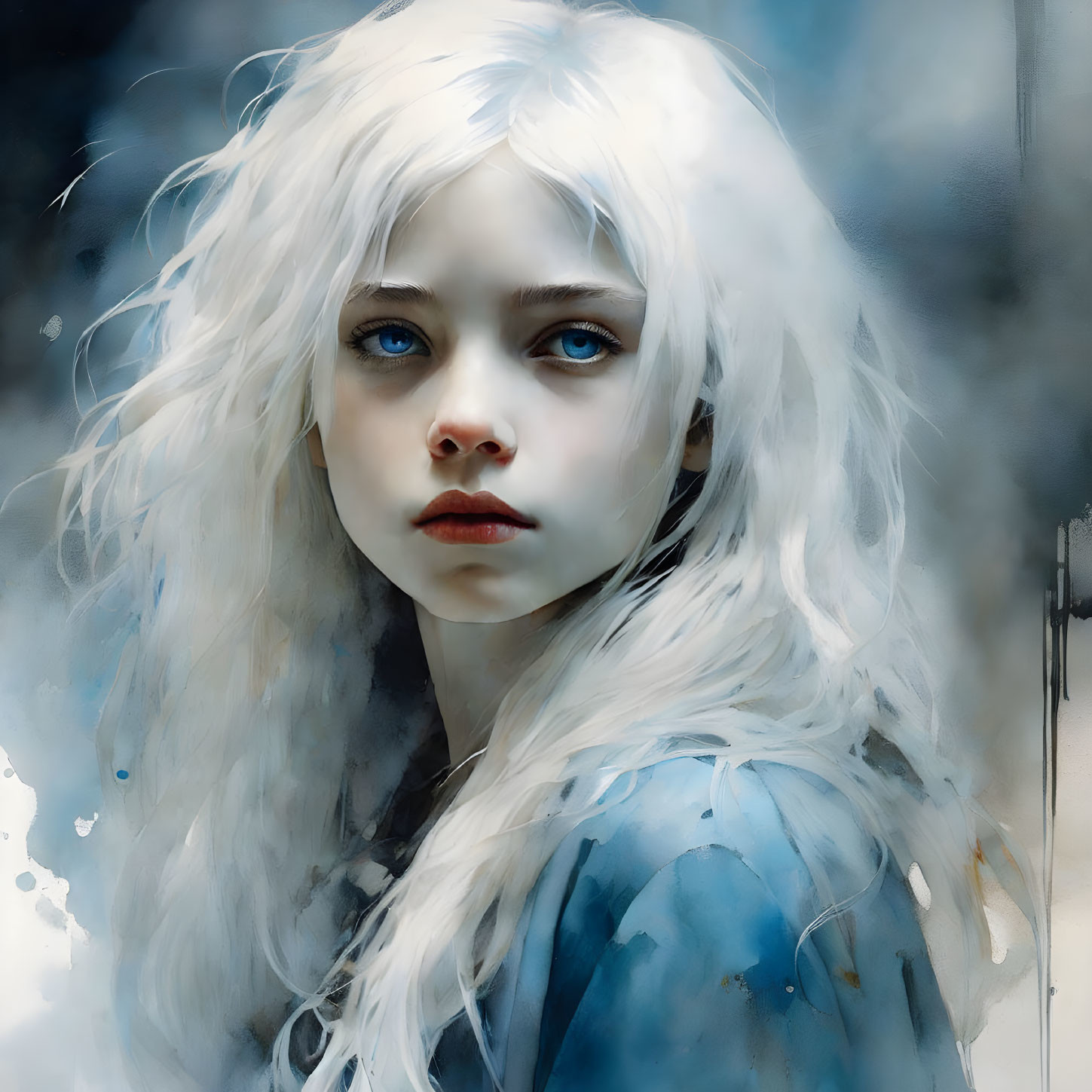 Digital painting of girl with blue eyes and white hair in intense gaze