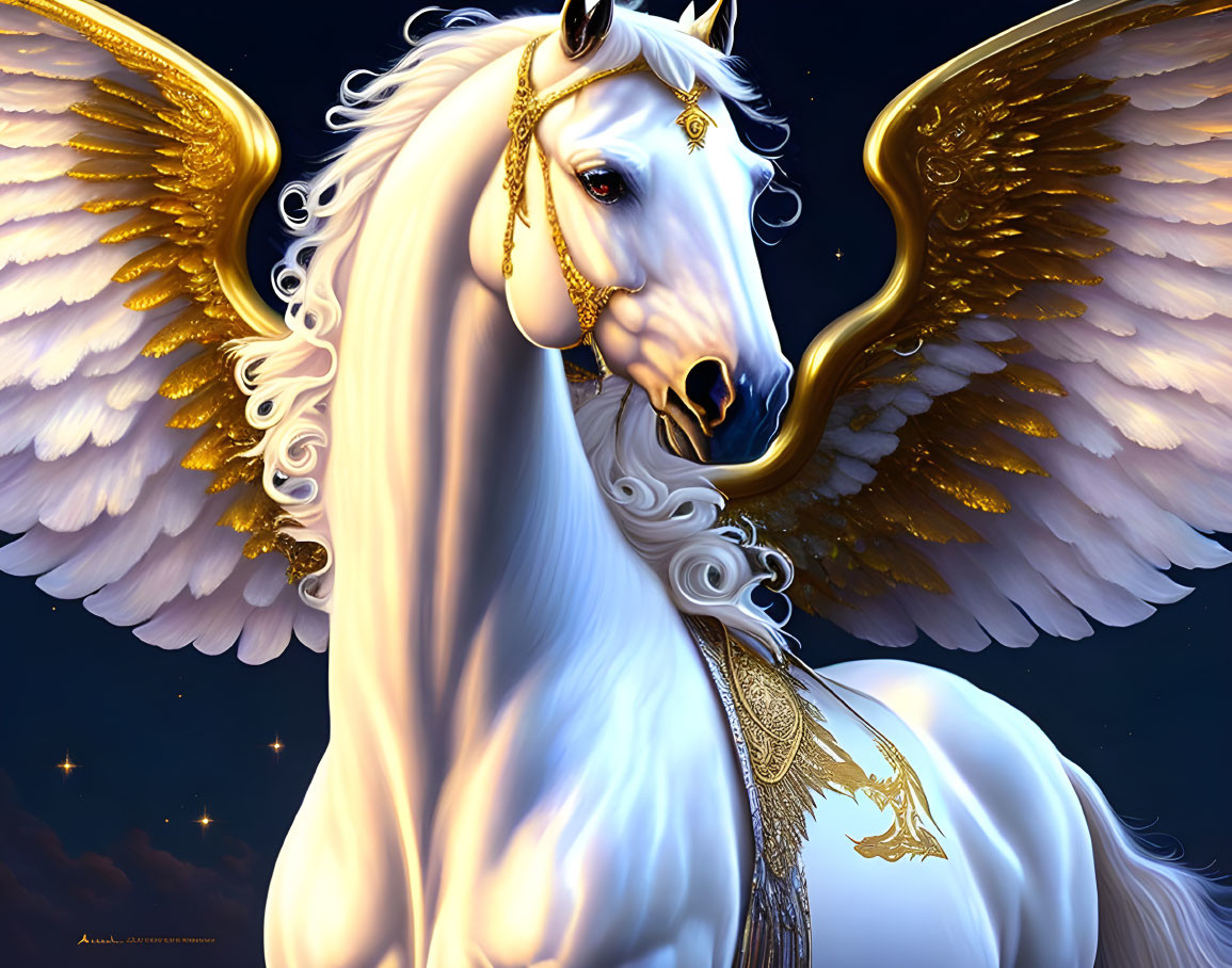 Majestic winged white horse with golden adornments in starry night scene