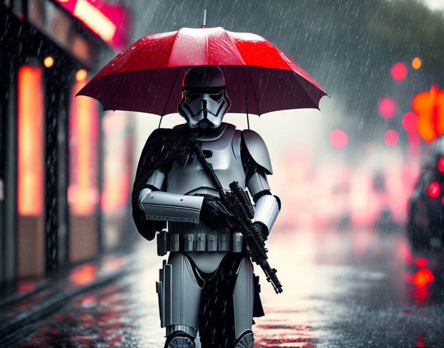 Stormtrooper with red umbrella in rain under city lights