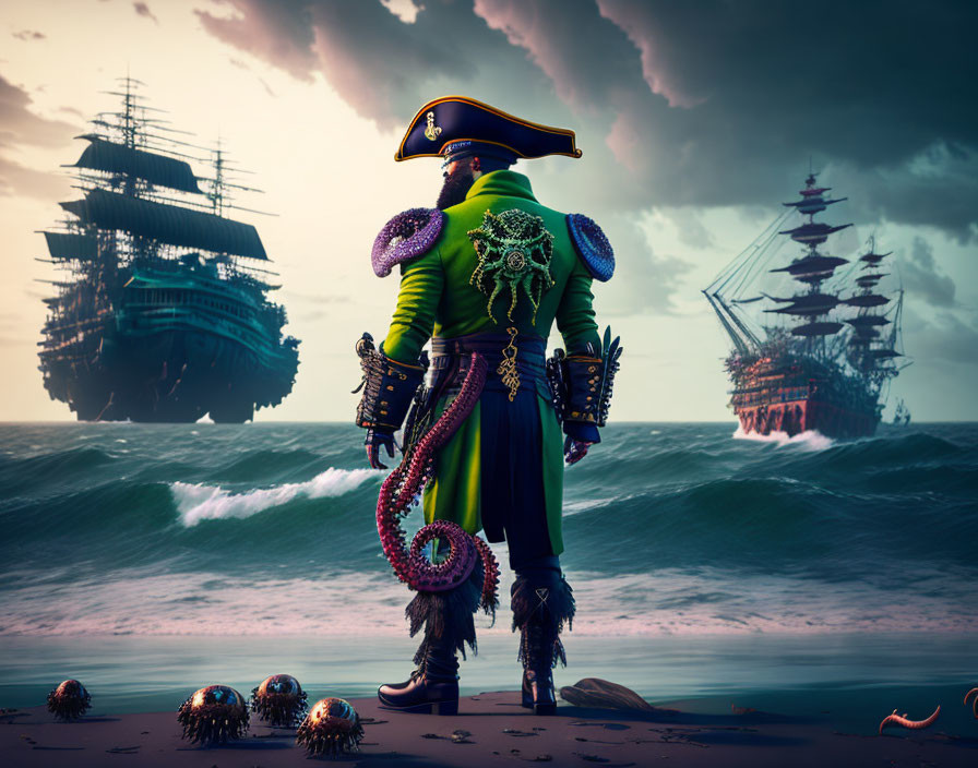 Vibrant green pirate coat with gold and skull details on figure by dark, tumultuous seas.