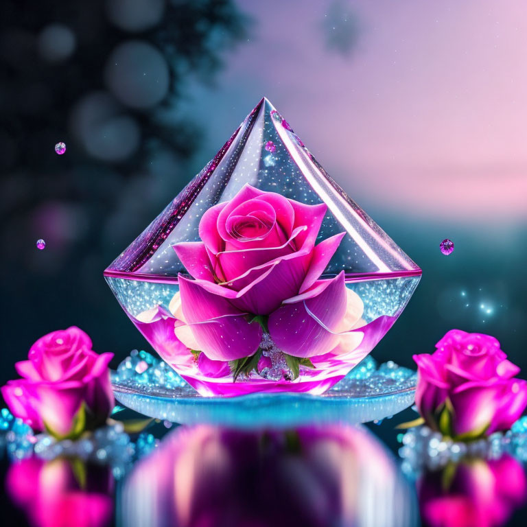 Pink Rose in Crystal Terrarium with Soft Light and Sparkles