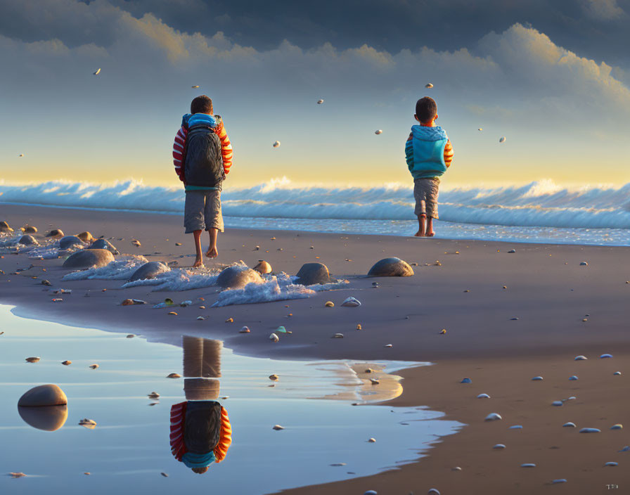 Children on beach at sunset with stones, seagulls, and tide pool reflections