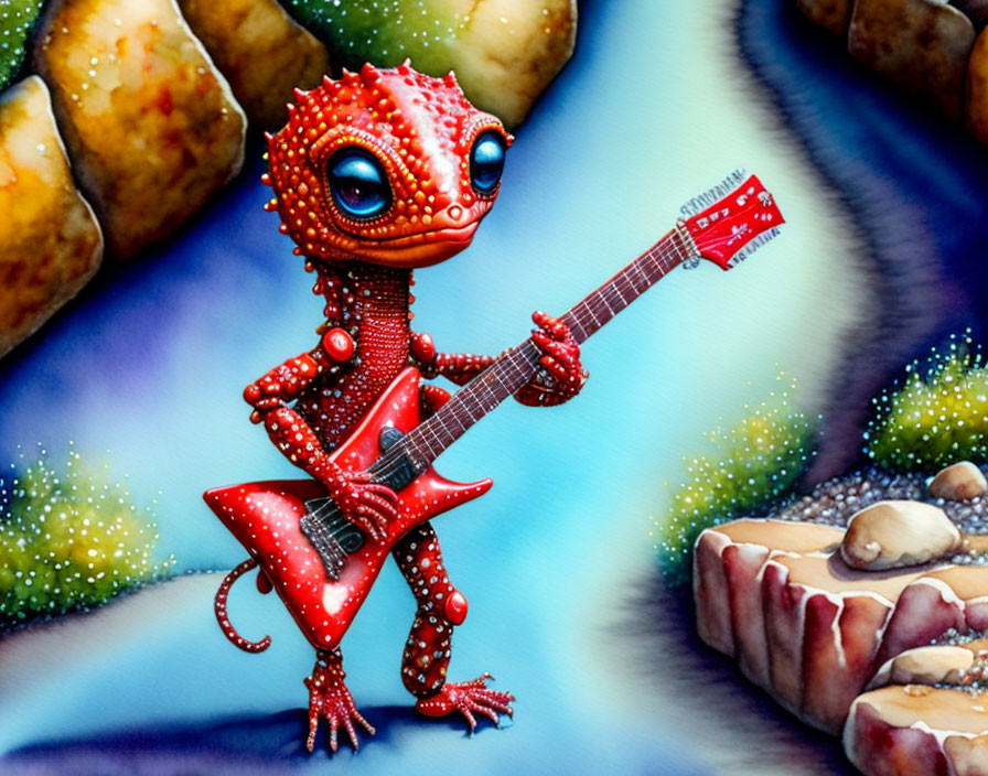 Colorful Illustration of Red Reptilian Creature Playing Electric Guitar