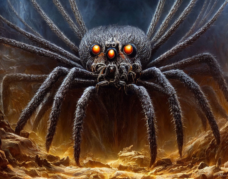 Detailed illustration of large, hairy spider with glowing orange eyes in dark cavernous setting