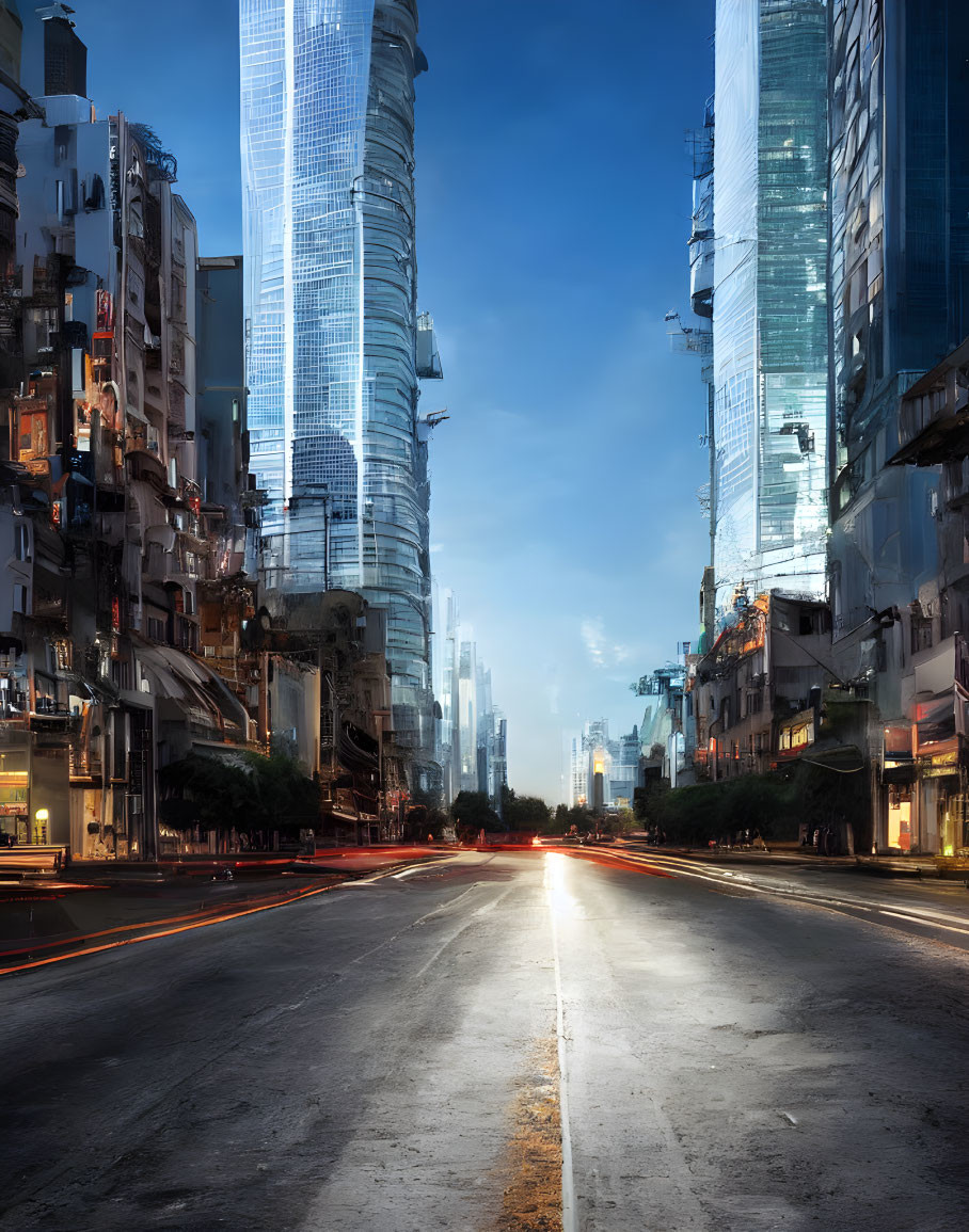 Urban street with high-rise buildings and light trails at twilight