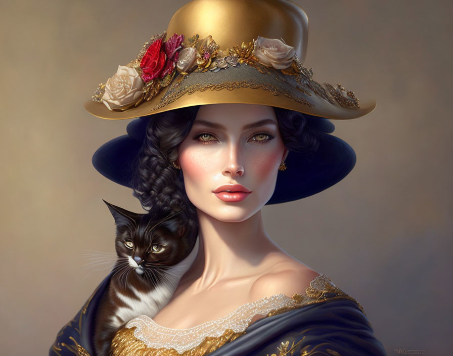 Woman with green eyes and golden floral hat holding a cat