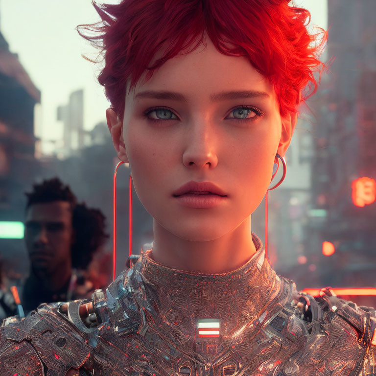 Close-up of woman with red hair and blue eyes in futuristic attire with urban backdrop.