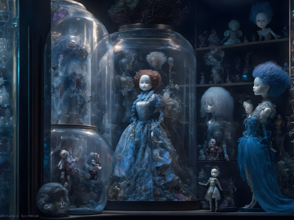 Vintage dolls in glass jars under blue lighting