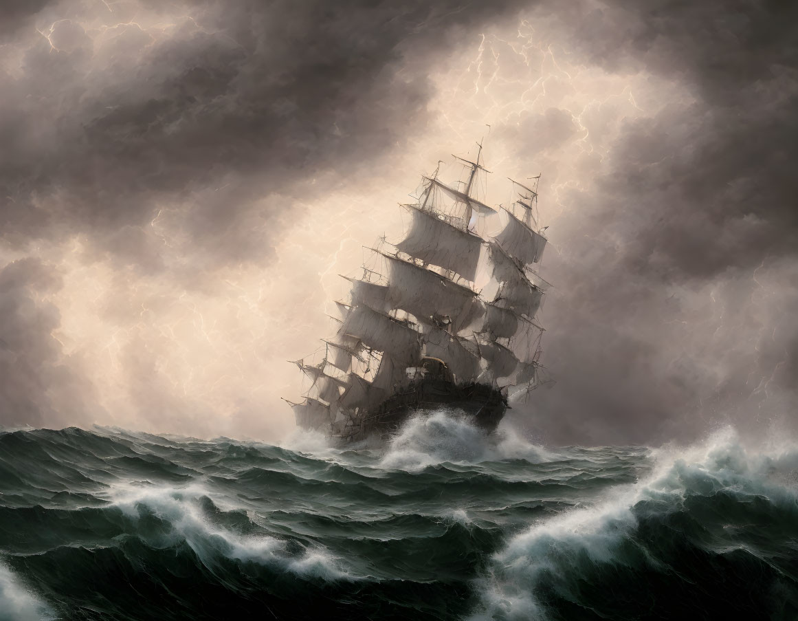 Sailing ship in stormy seas with dark clouds and lightning