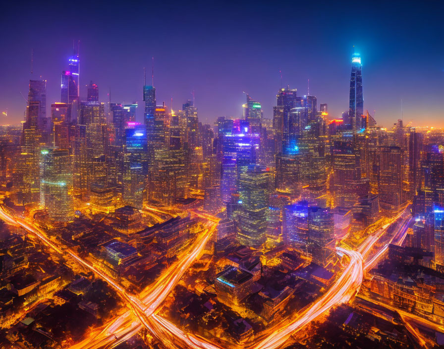 Twilight cityscape with illuminated skyscrapers and traffic trails