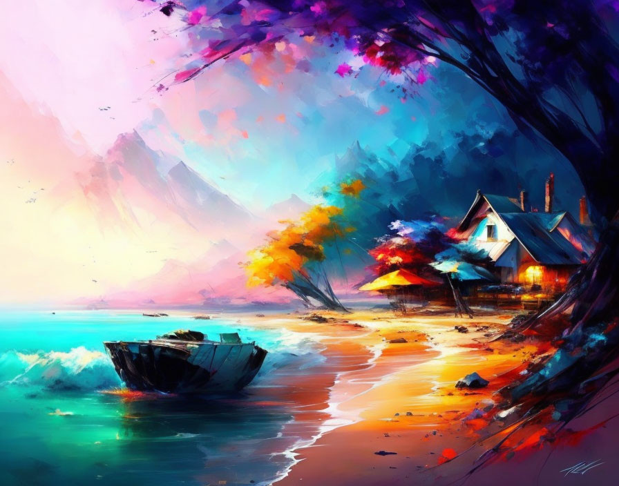 Colorful digital painting of seaside house with boat and mountains