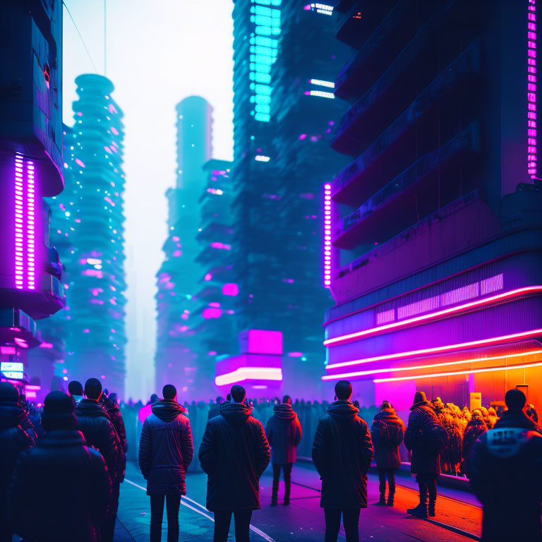 Urban night scene with neon lights and futuristic cityscape.