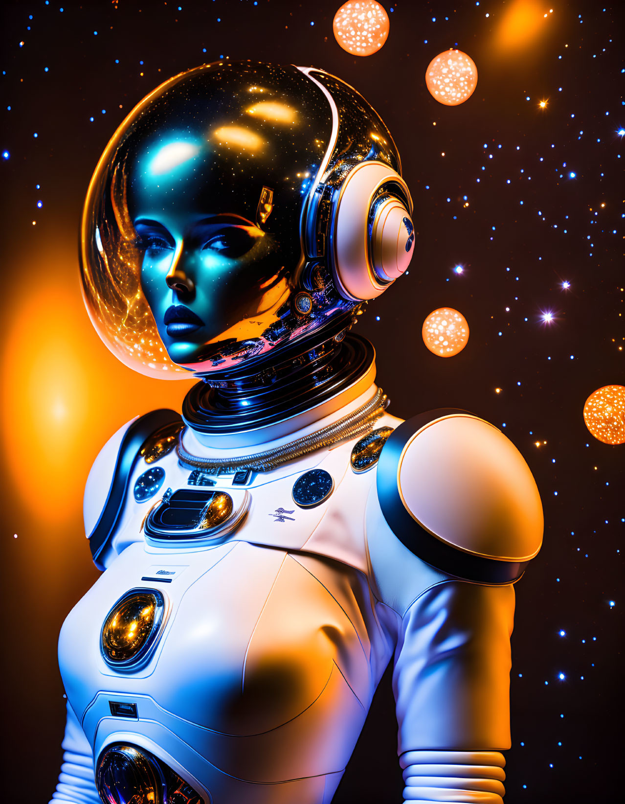 Futuristic female android in reflective helmet and white spacesuit on starry orange backdrop