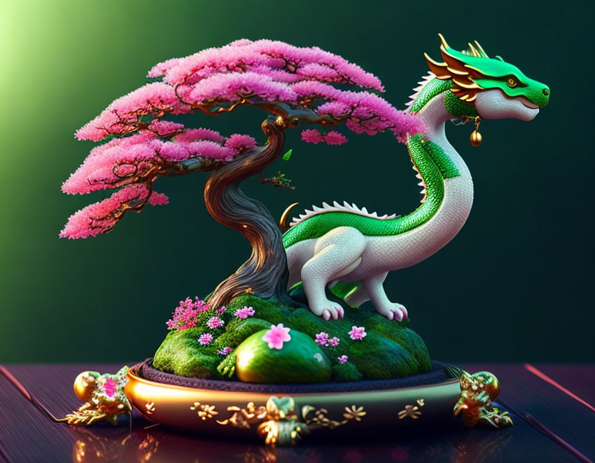 Green and White Dragon with Cherry Blossom Bonsai Tree and Golden Decorations