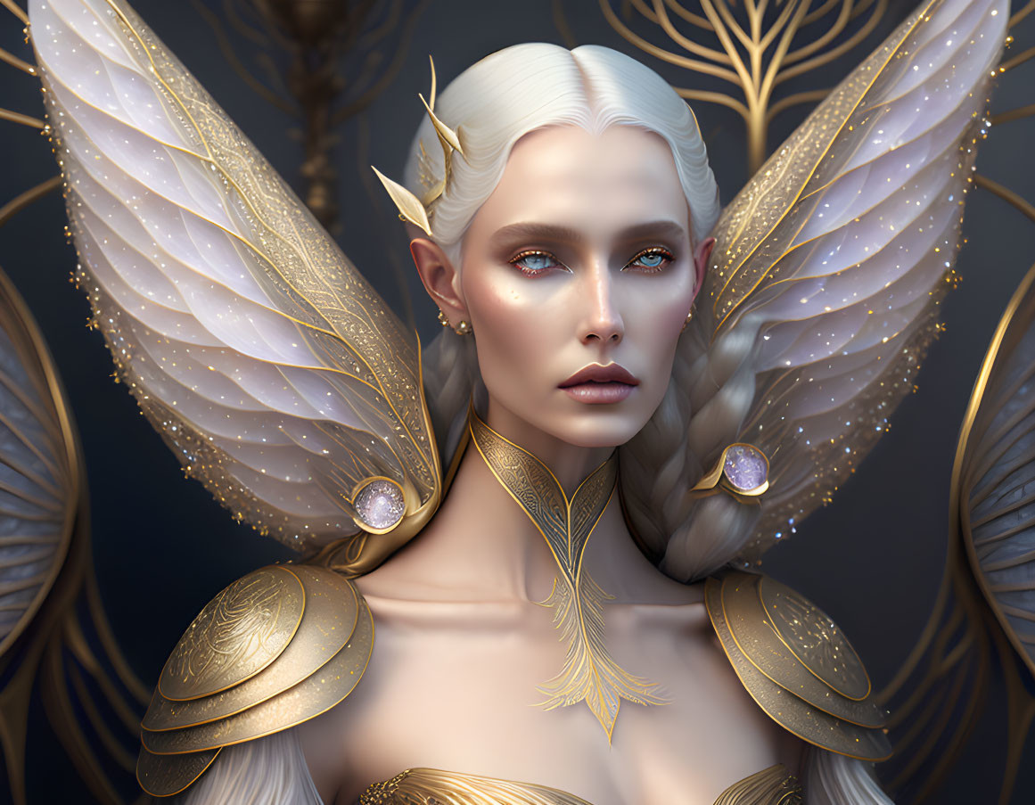 Ethereal figure with white hair and golden armor in regal pose