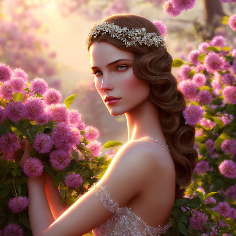 Digital portrait of woman with wavy hair in floral headpiece, surrounded by pink blossoms in sun