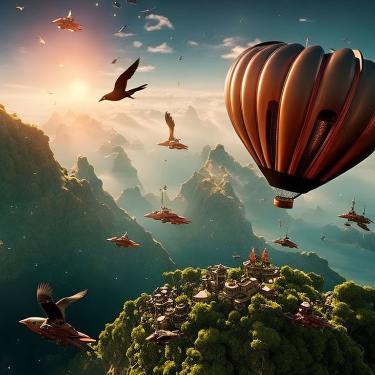 Fantastical landscape with green islands, birds, flying craft, and hot air balloon