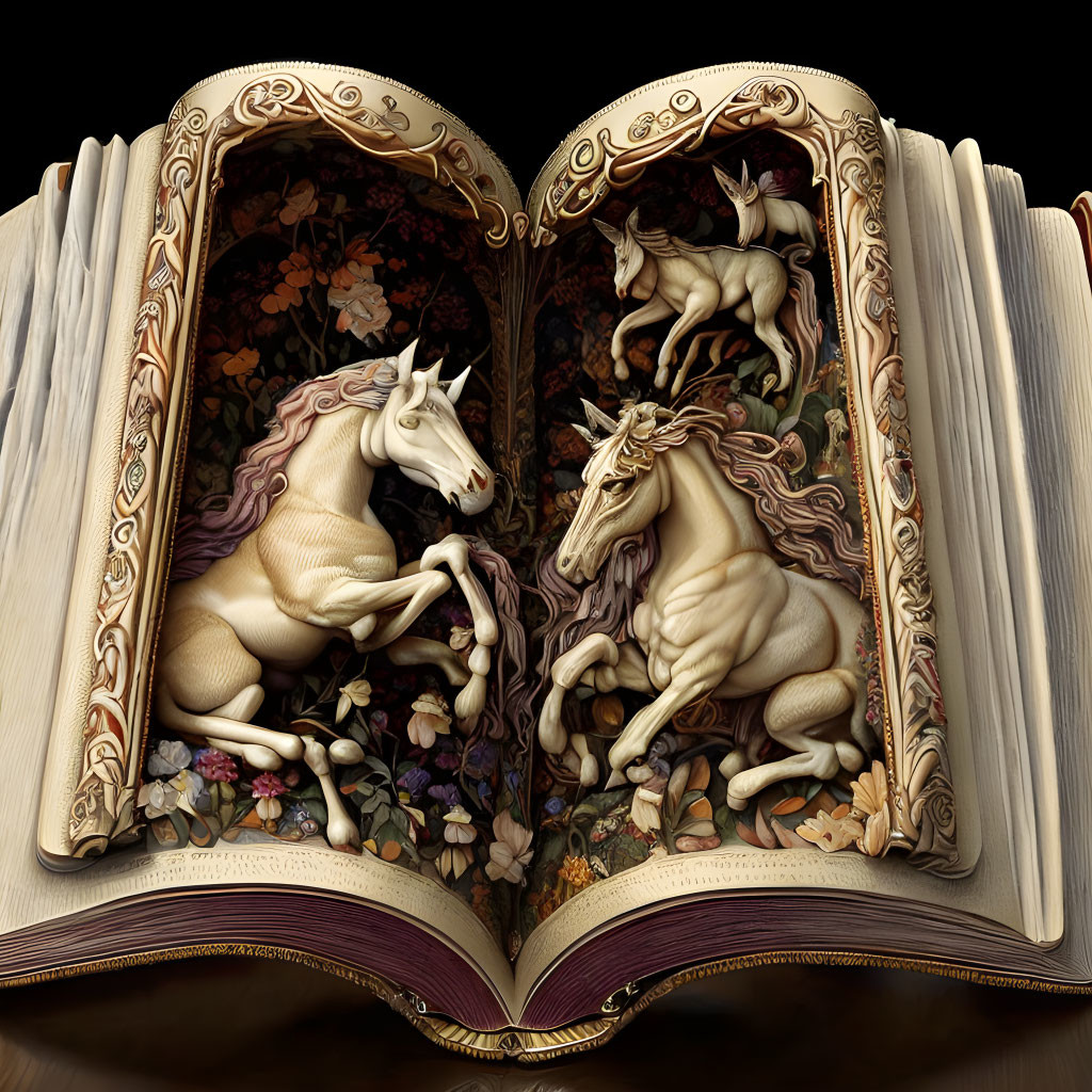 Intricately Carved 3D Book Sculpture: Unicorns in Floral Background