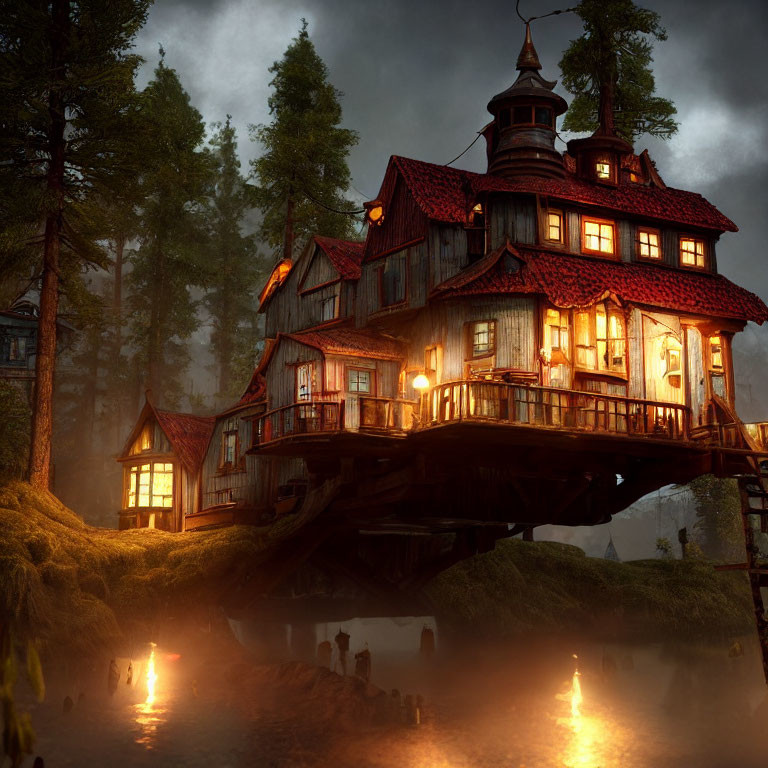 Whimsical multi-story house on stilts in mystical forest at dusk