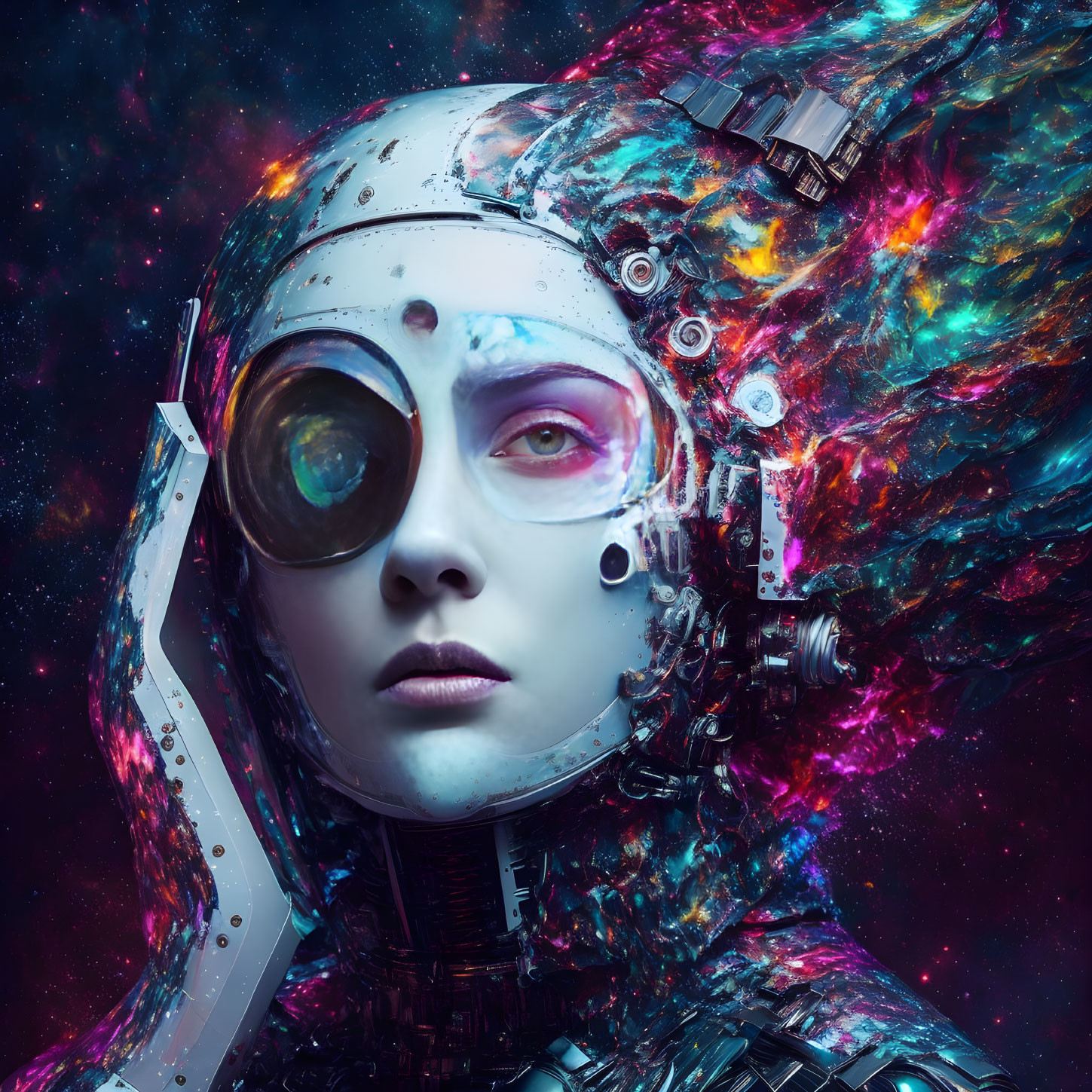 Futuristic astronaut helmet with colorful space-themed visual effects