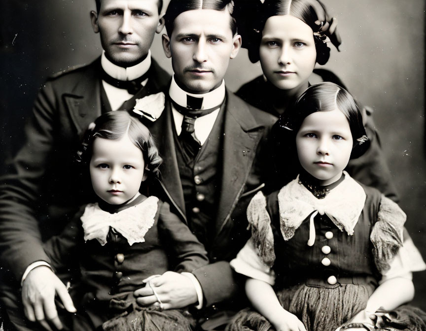 Family Portrait: Vintage Black-and-White Image of Two Adults and Two Girls in Formal Attire