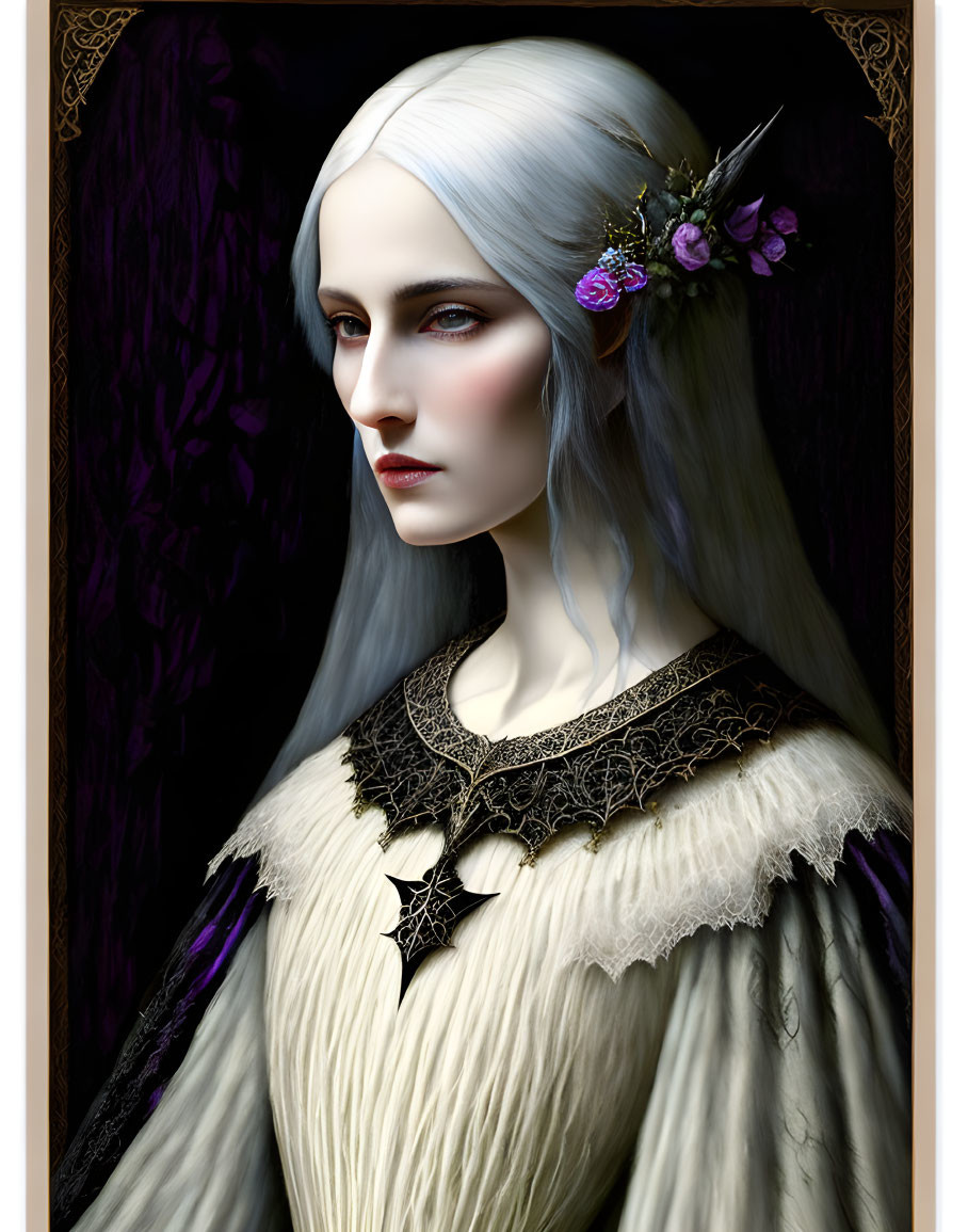 Ethereal woman with white hair and star pendant in dark forest