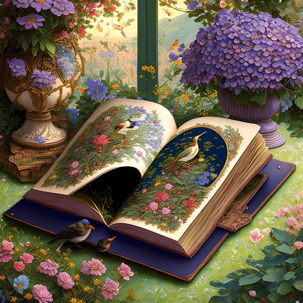 Illustrated birds in open book blend with real birds in vibrant garden