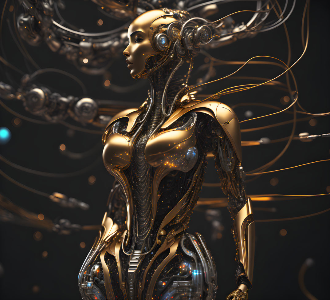 Intricate gold and black female robot with floating orbs on dark background