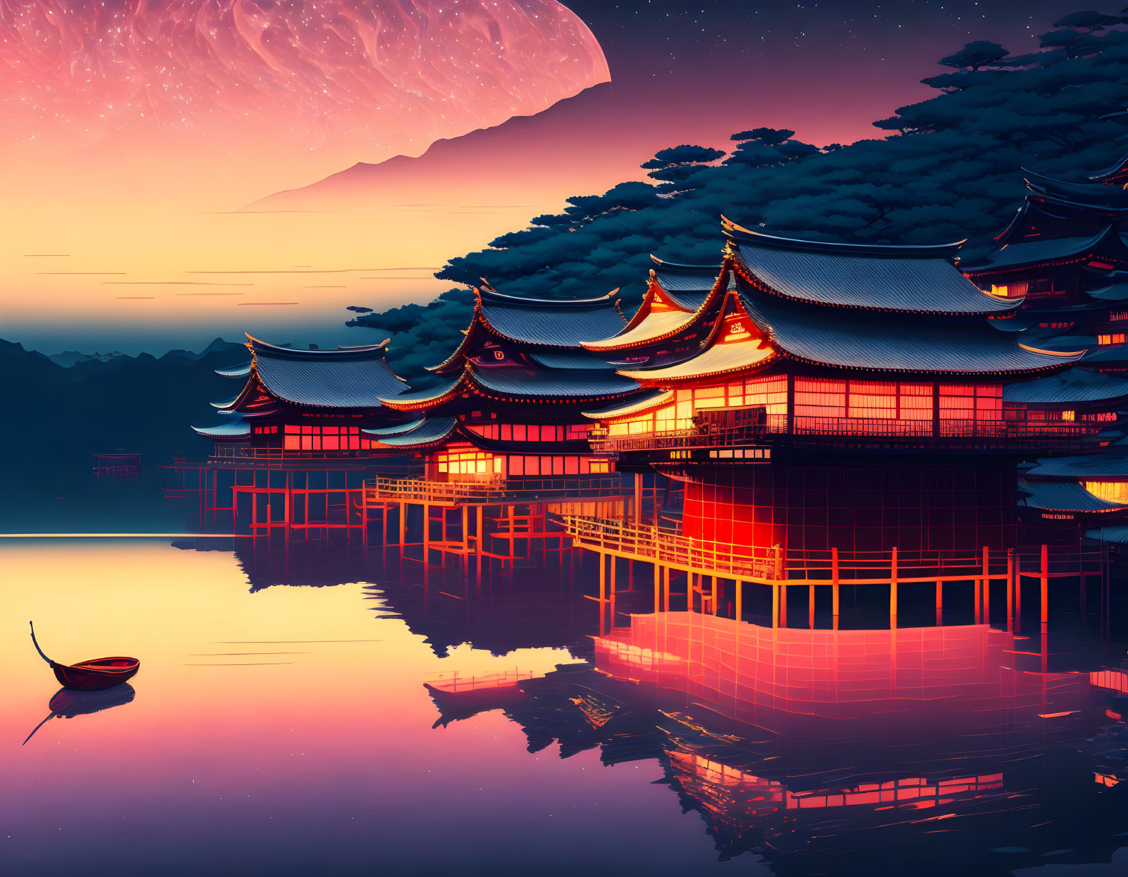 Asian-style pagoda buildings mirrored in water at twilight with small boat under surreal purple sky and celestial body