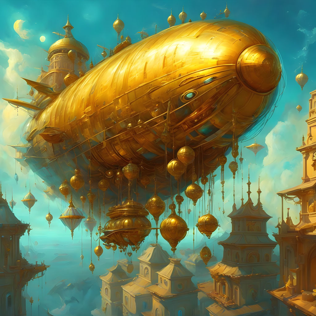 Golden fantasy airship above ornate city of spires and domes under warm sky