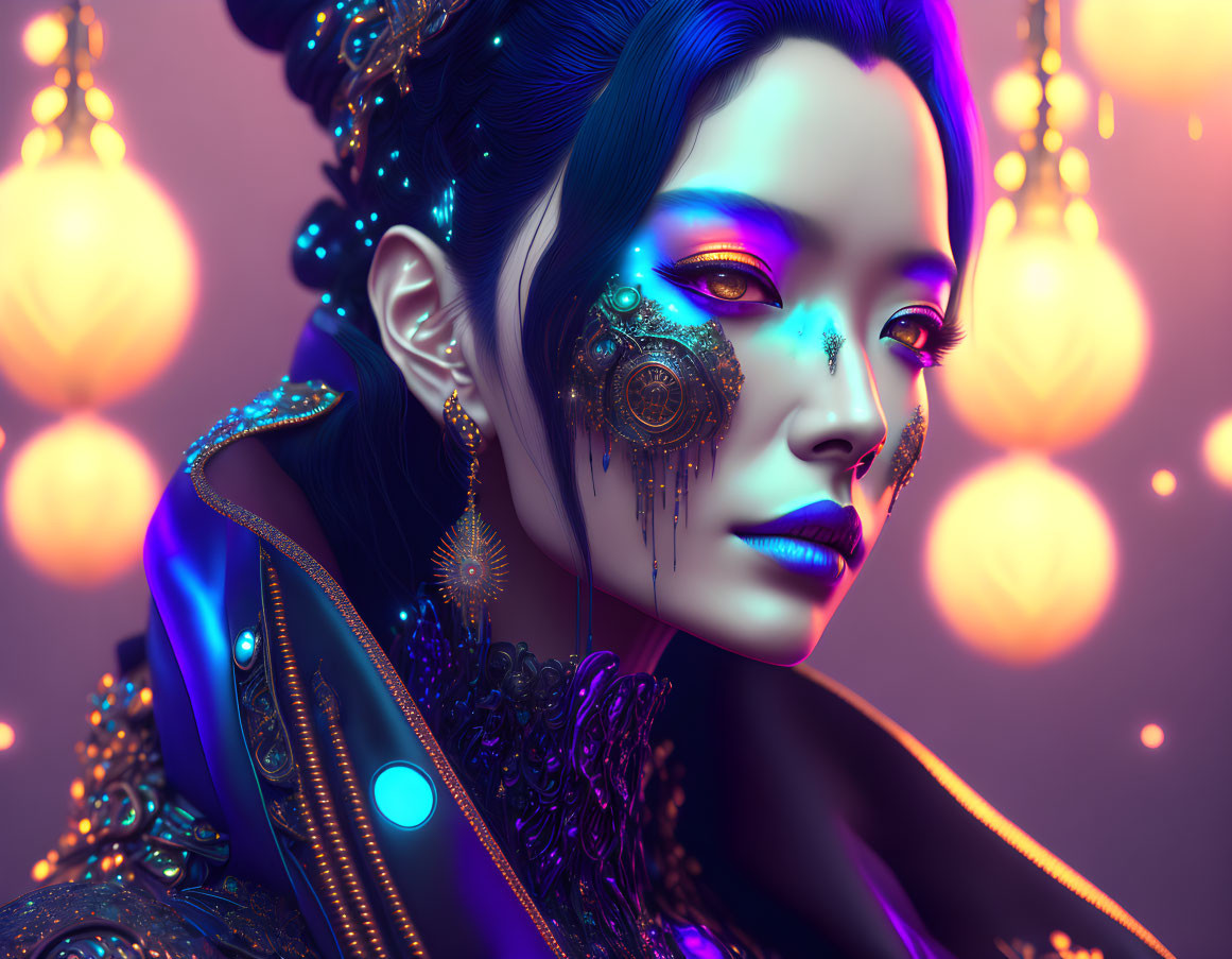 Digital Artwork: Woman with Blue and Gold Cybernetic Enhancements