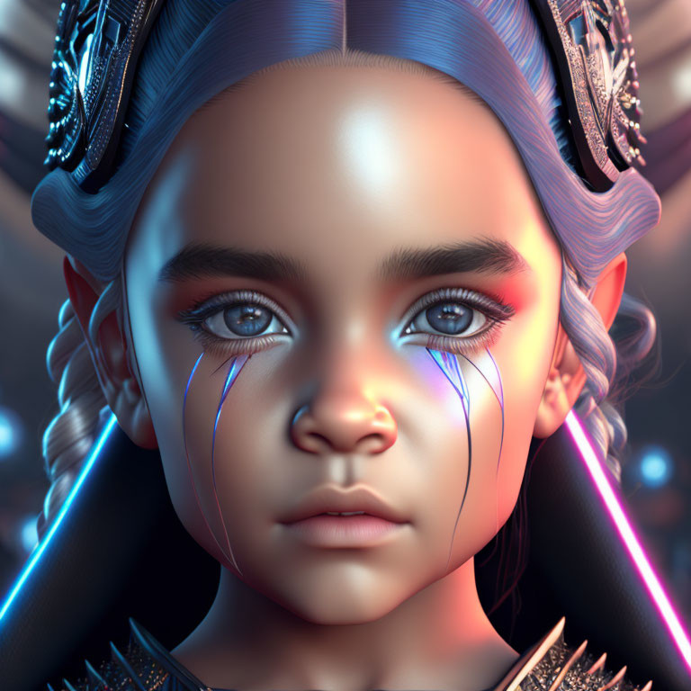 Futuristic child with glowing blue eyes and intricate headgear