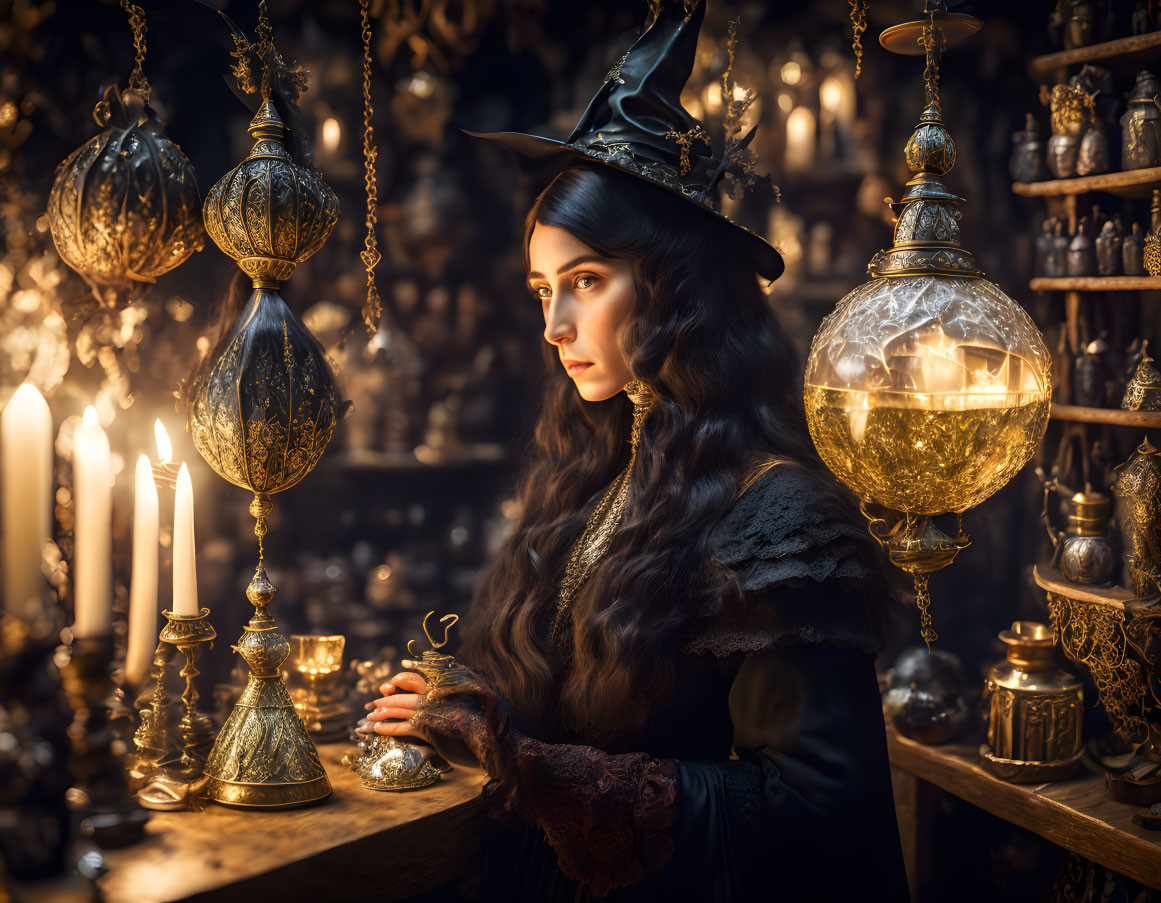 Woman in witch costume surrounded by potions and orbs in candlelit room