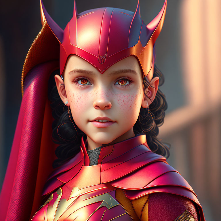 Detailed Red and Gold Superhero Costume with Winged Helmet on Young Girl