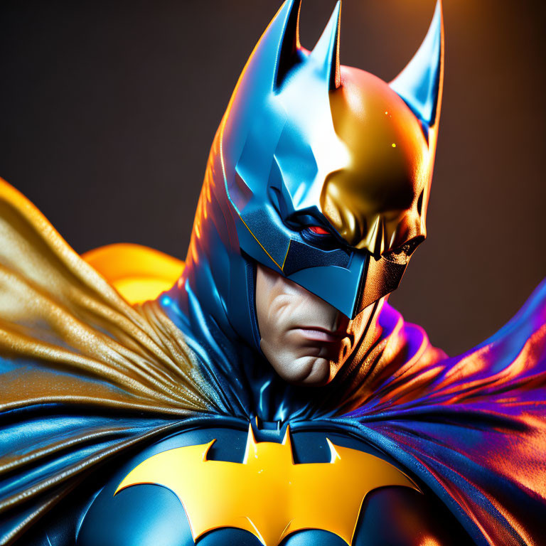 Detailed Batman Figurine with Cowl, Cape, and Emblem in Dramatic Lighting