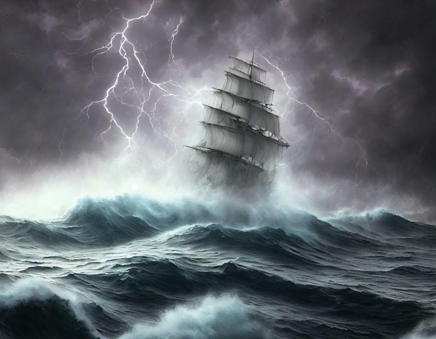 Tall ship sailing turbulent seas in stormy weather