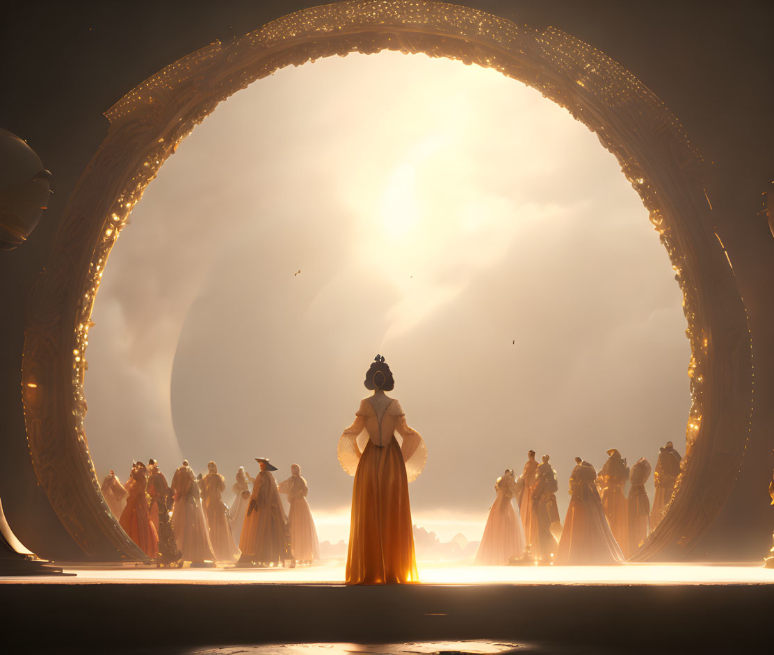 Woman in Golden Dress at Grand Circular Gate with Elegant Figures in Warm Light