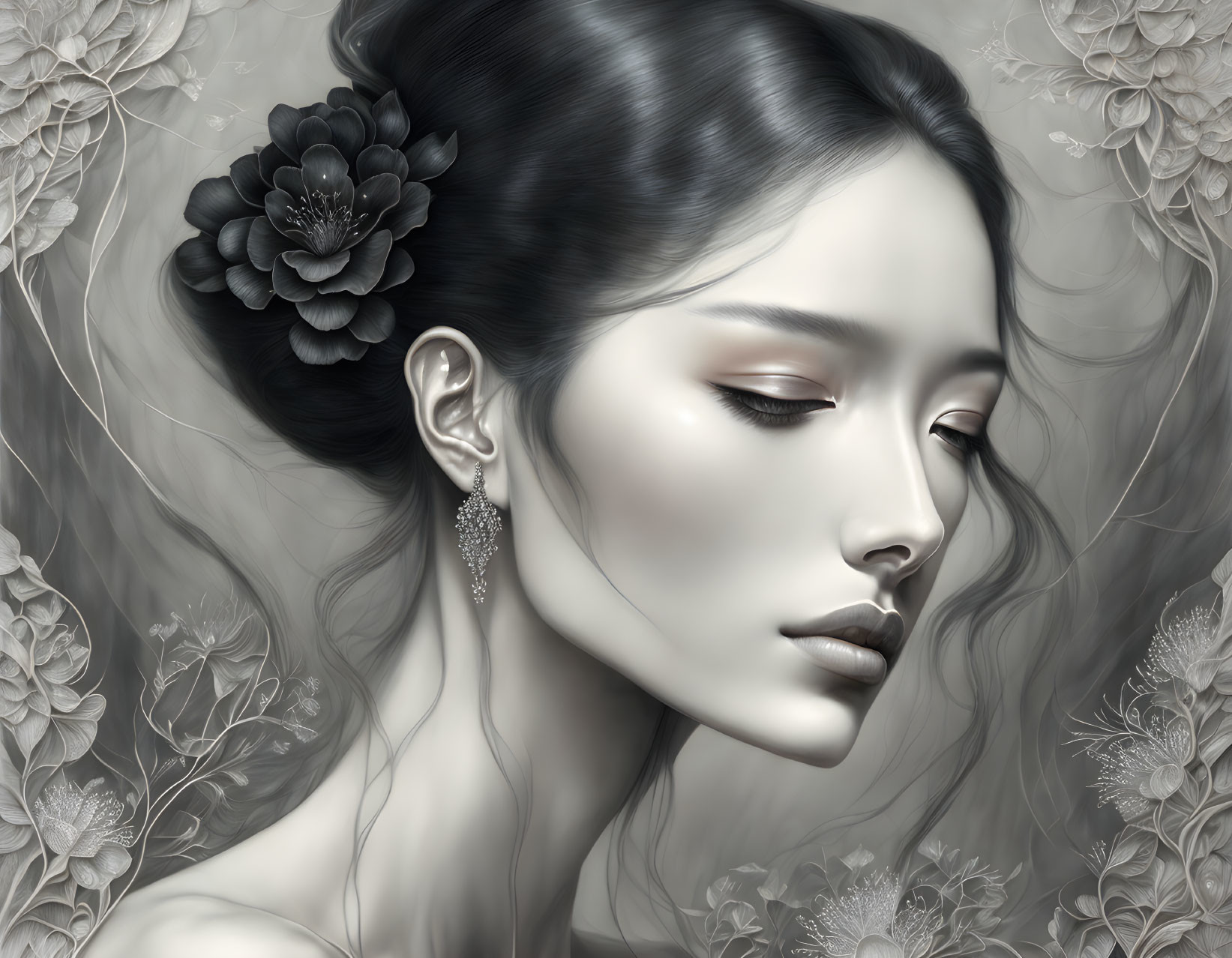 Monochromatic digital painting of serene woman with floral hair accessory and earring