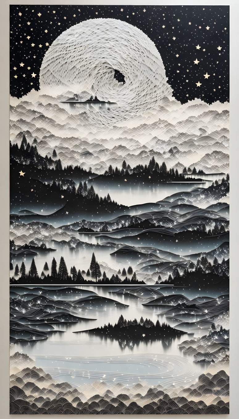 Monochrome surreal landscape with layered mountains, pine trees, and starry sky.