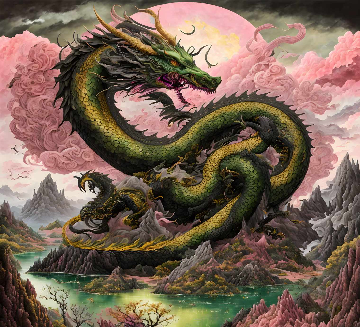 Majestic green dragon with horns in vibrant landscape