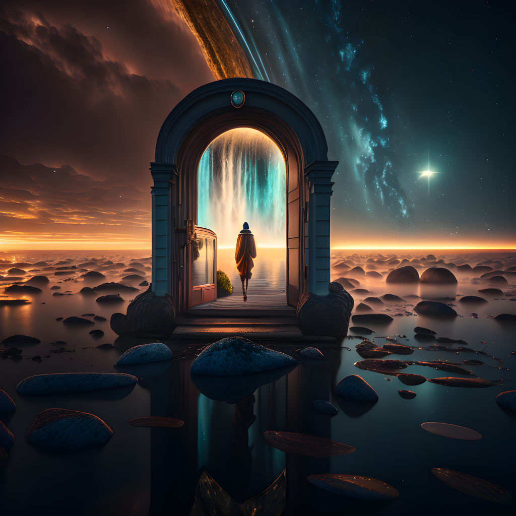 Person in doorway views surreal starry landscape with waterfall, stepping stones, and celestial body