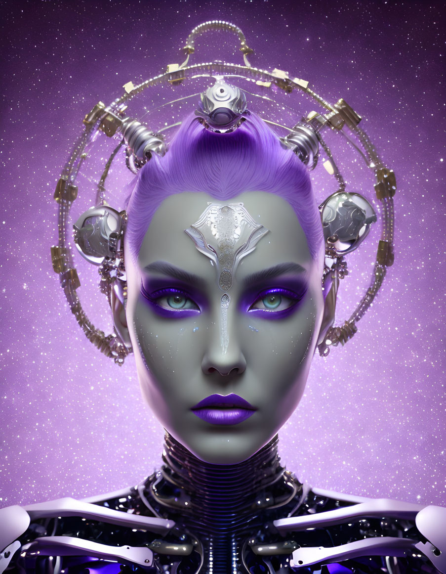 Purple-skinned female figure with cybernetic enhancements and blue eyes