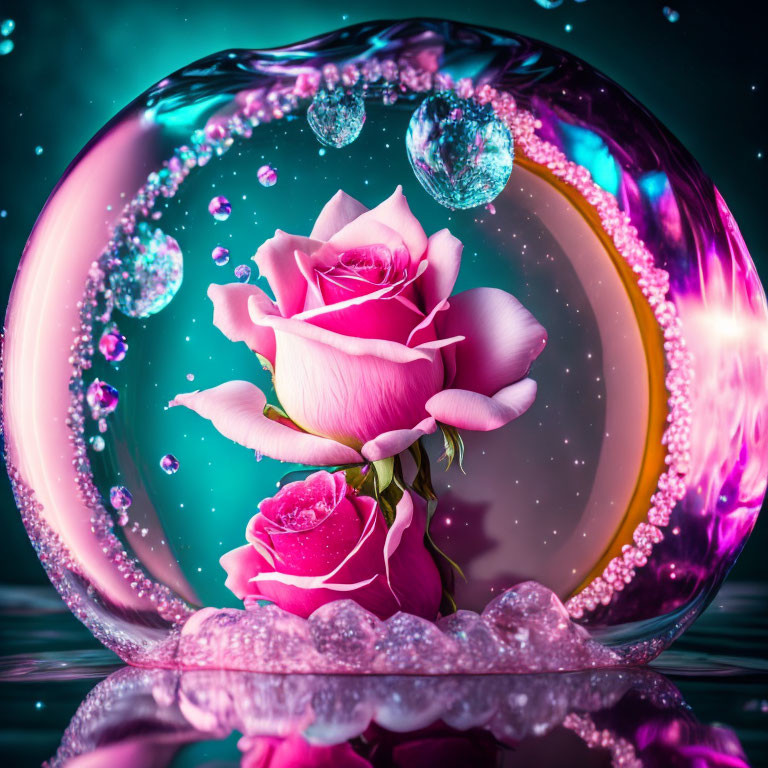 Colorful Pink Rose in Bubble Surrounded by Sparkles on Turquoise Background