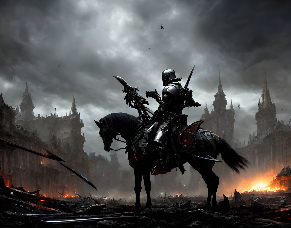 Knight in full armor on horseback in dark, war-torn cityscape with sword, under ominous