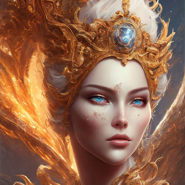 Illustration of woman with ornate gold crown and vibrant blue eyes framed by abstract golden wings or flames