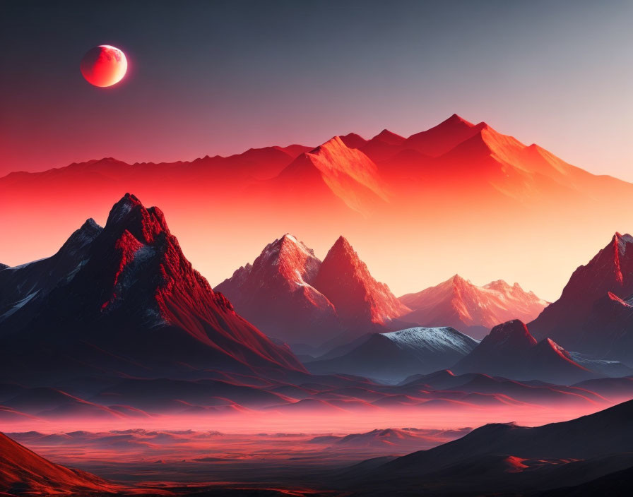 Sharp Peaks and Crimson Sun in Vivid Landscape