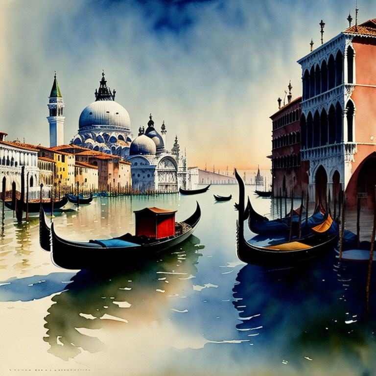 Venice Watercolor Painting: Grand Canal, Gondolas & Historic Buildings